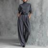 High Neck Long Sleeve & High Waist Wide Leg Pants Women's Two-Piece Set with Belt