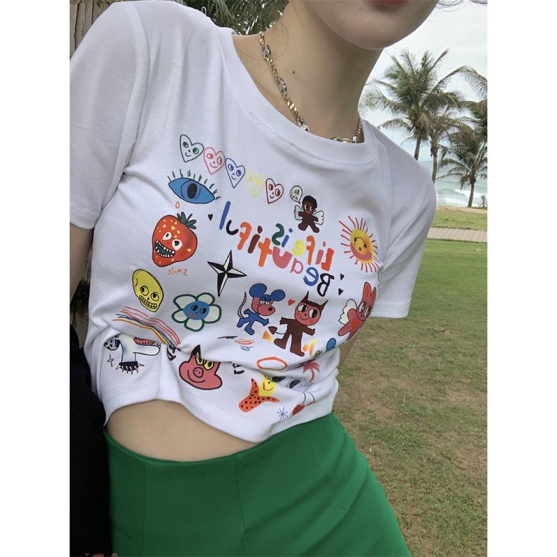 Black Short-sleeved T-shirt for Women's Summer New Retro Slim Fit Short Printed Top