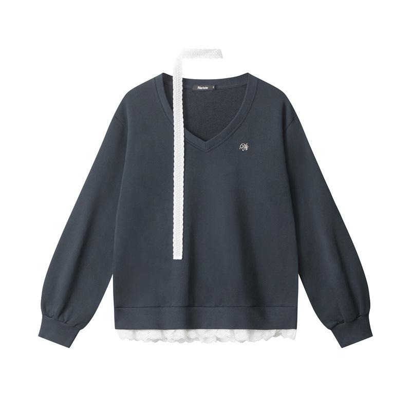 

Весна и осень женская новая толстовка Spice Style из двух частей с поддельным кружевом и V-образным вырезом, свободная, с шарфом S сапфир синий