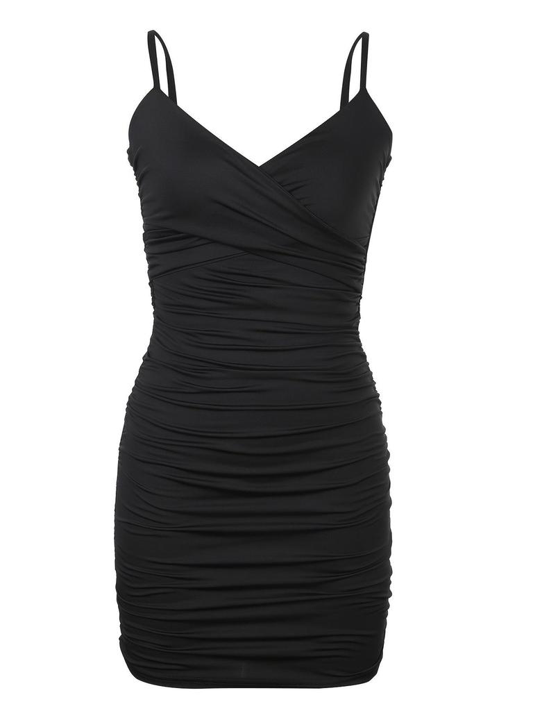 European & American Women's Summer V-Neck Sun Protection Ice Silk Bodycon Dress with Spaghetti Straps and Breathable Ruched Design