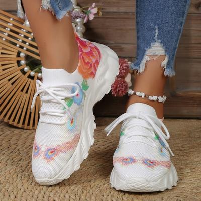Scarpe da donna stampate europee e americane 2024 Autunno Nuovo Casual Fiore Mesh Traspirante Suola morbida Scarpe sportive leggere