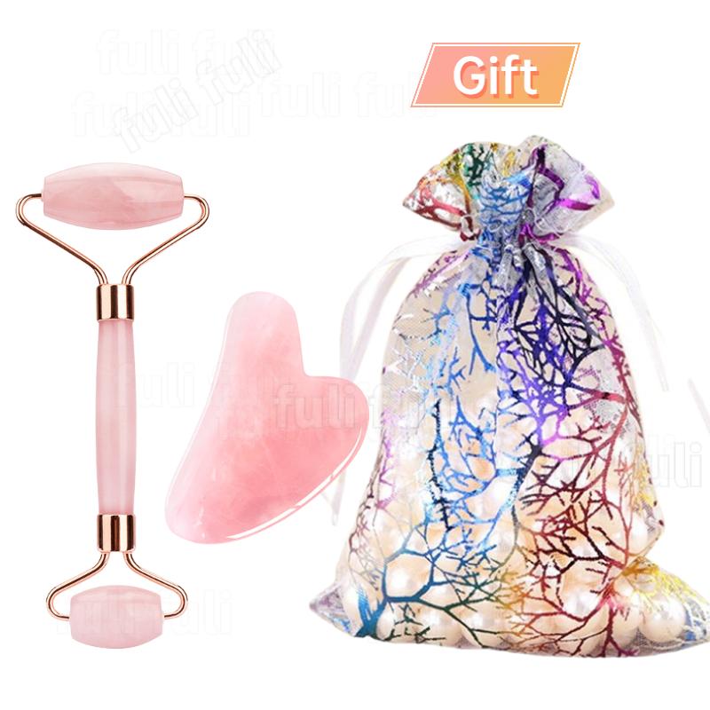 2PCS 100% Rose Stone Guasha Set Facial Roller Stone Board Massager Face Slimming Body Relax Massager Acupuncture Scraper Plate