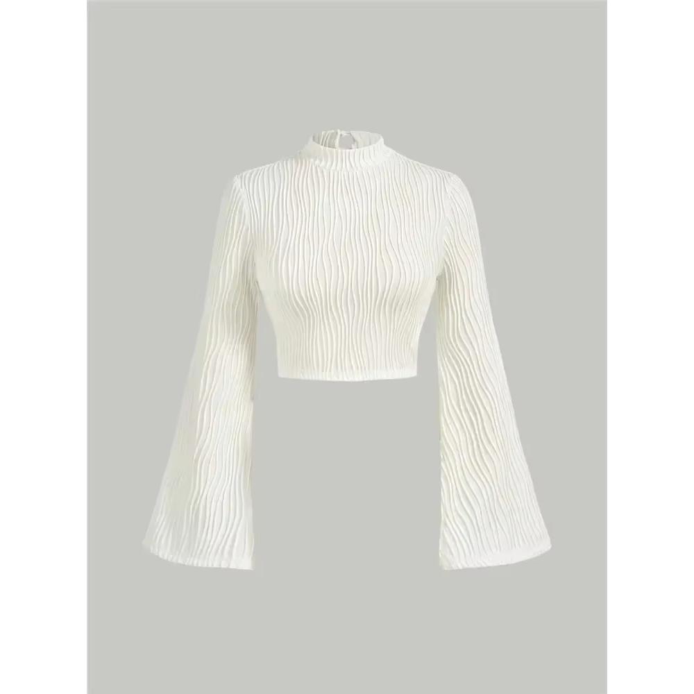 Женская фактурная расклешенная футболка с длинными рукавами и воротником-стойкой, элегантная блузка в стиле преппи Y2K с резинкой M бежевый