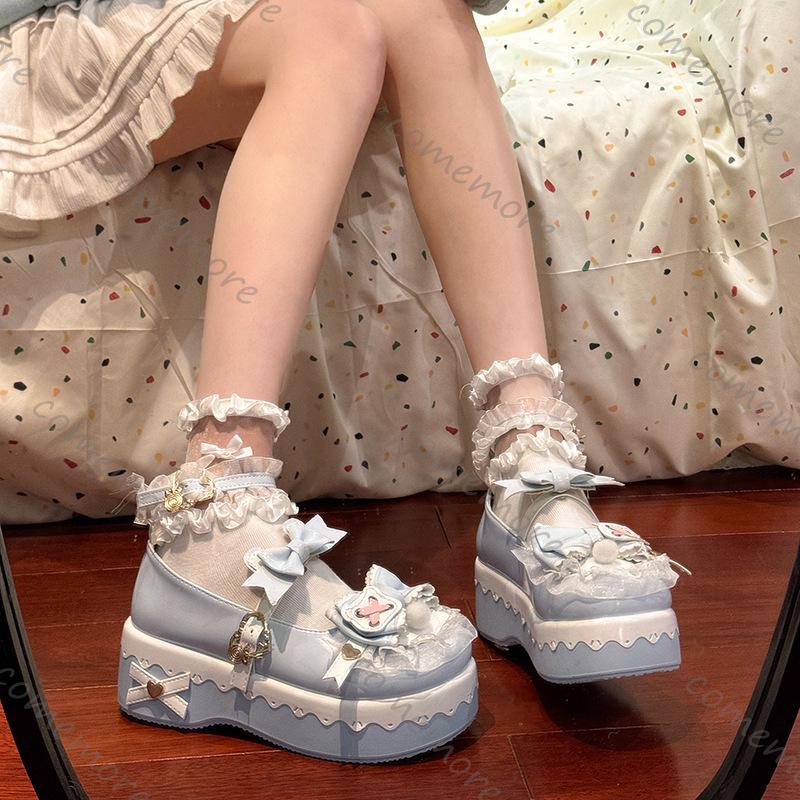 Comemore Platform Lolita Wedge Mary Janes Shoes for Women Autumn New Round Toe Colorblock Bow Ankle Buckle Pumps Single Shoes