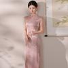 Pink Sleeveless Modern Chinese-Inspired Long Cheongsam Dress Women 2026 Daily Wear