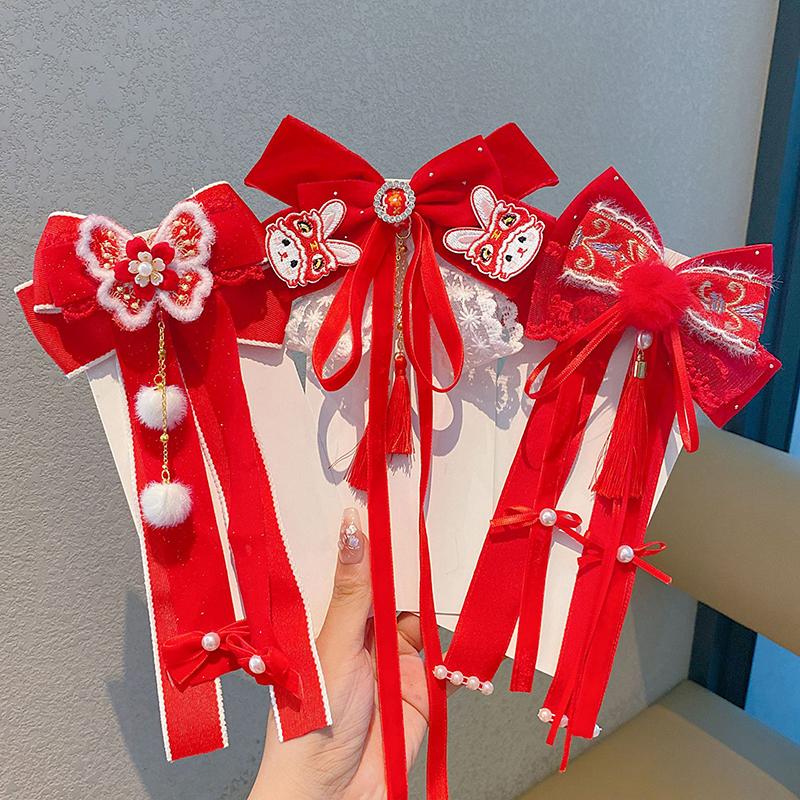 New Year Cute Pompom Kids Hair Clips Winter Plush Hairpins Braid Accessory Red Bow Princess Girl Headwear New Year Gift For Kids