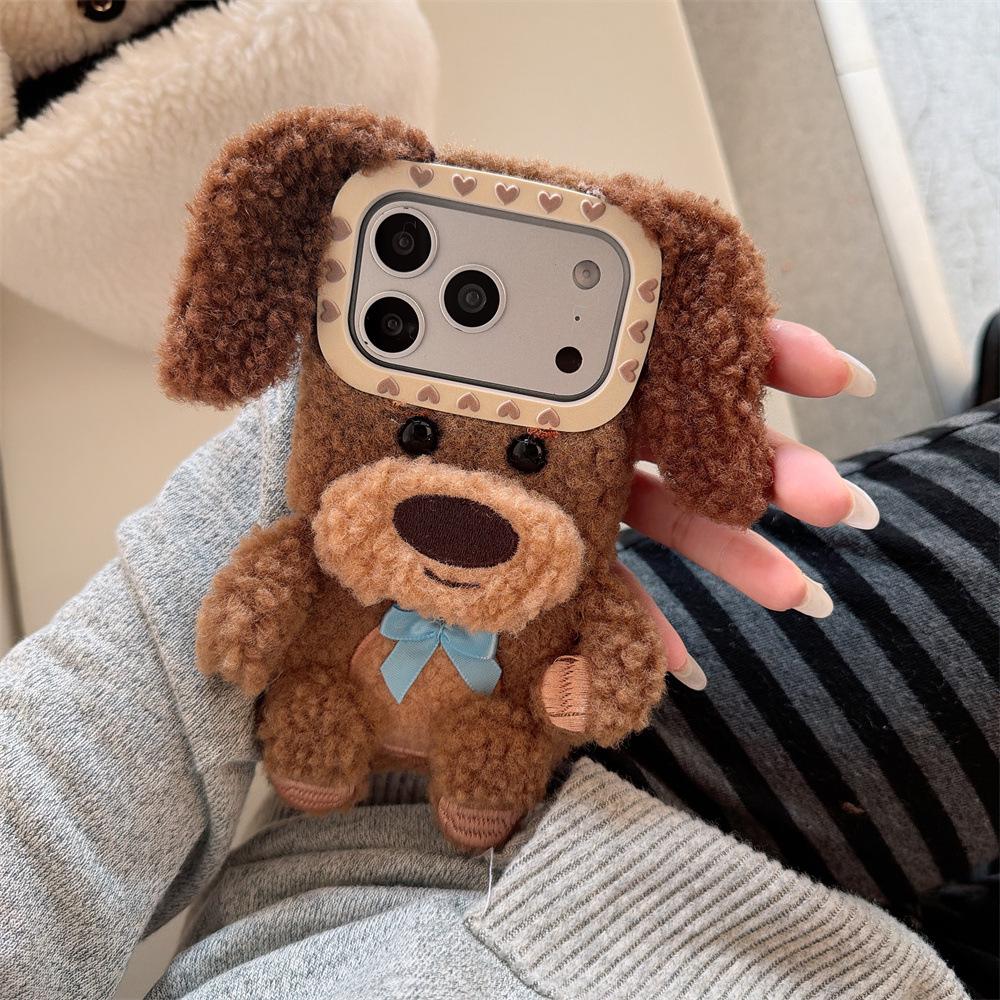 Plush Brown Puppy iPhone 14/13 Pro Max Case - Anti-Fall Protection
