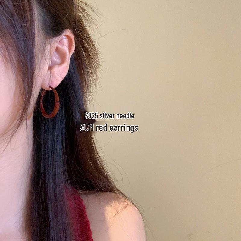 Elegant Retro Hong Kong Style Angora Red Hoop Earrings for Women