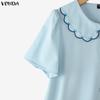 VONDA Women Casual Lapel Neck Short Sleeve Embroidery Cute Blouse