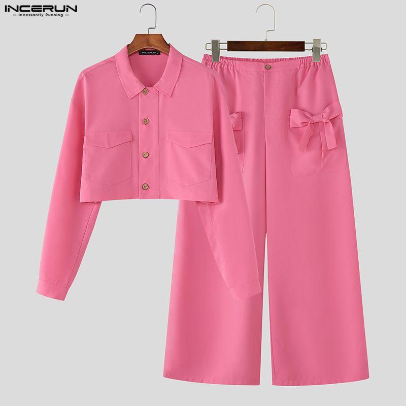INCERUN Two Pieces Sets Men Lapel Neck Long Sleeve Cropped Shirt Bow Long Trousers Pants Outfits