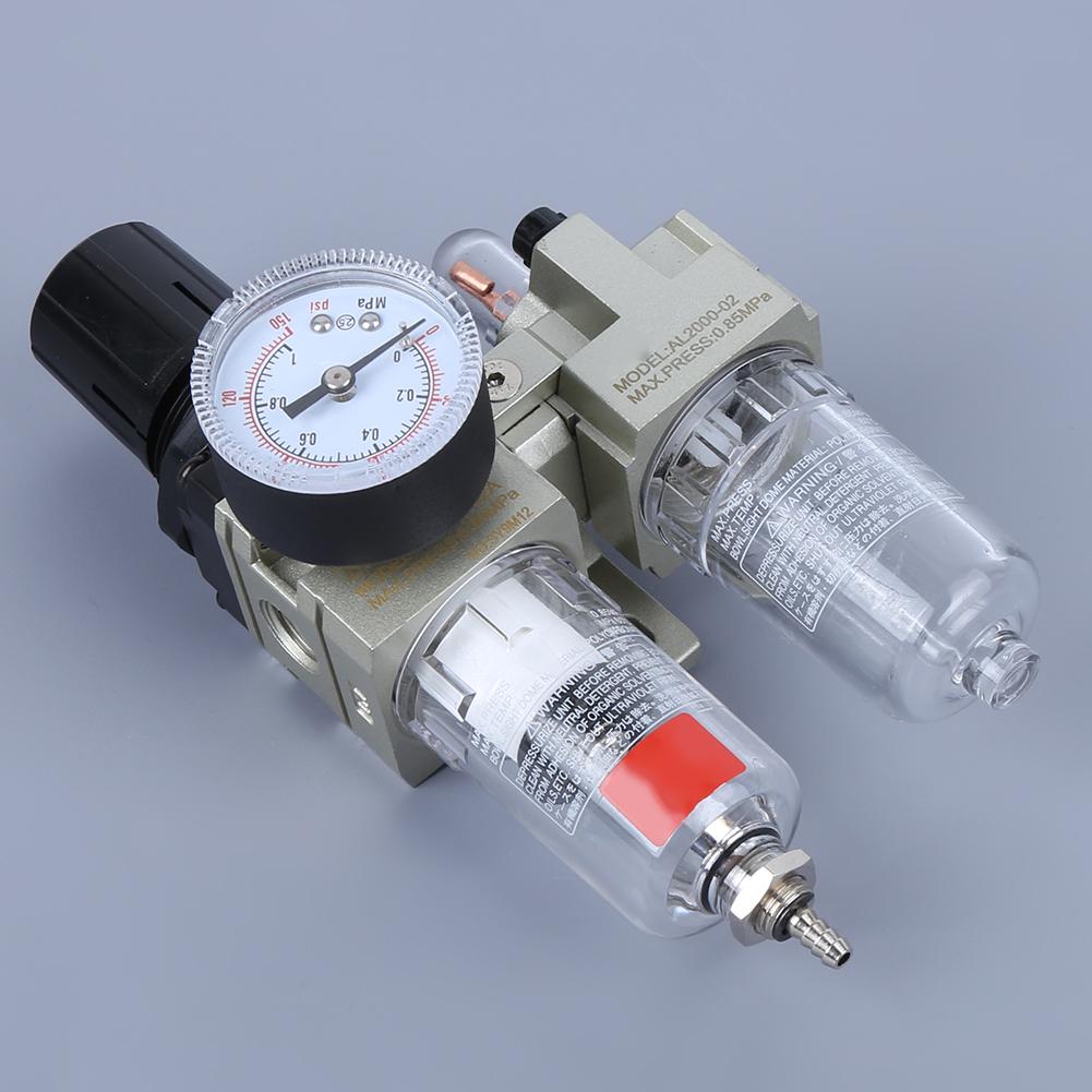 Odlučovač vzduchu, oleje a vody, dvojitá jednotka, tělo z hliníkové slitiny, ochranný kryt z litiny, manometr