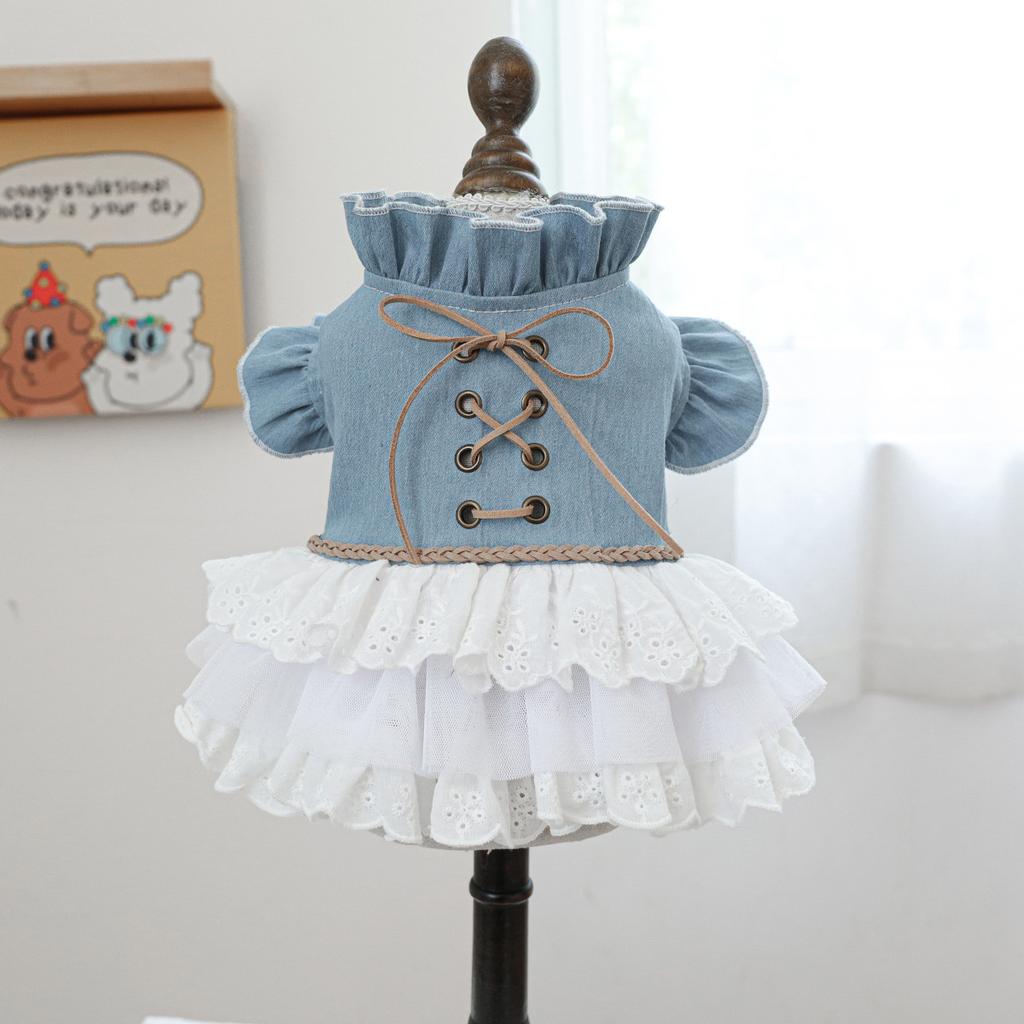 Dziewczęca Jeansowa Sukienka z Rozkloszowanymi Rękawami dla Psa Dżinsowa Kurtka z Kotem Niebieskie Ubranka dla Szczeniąt Małych Psów Ubranka dla Kotów Spódniczka Tortowa Ubranko dla Zwierząt