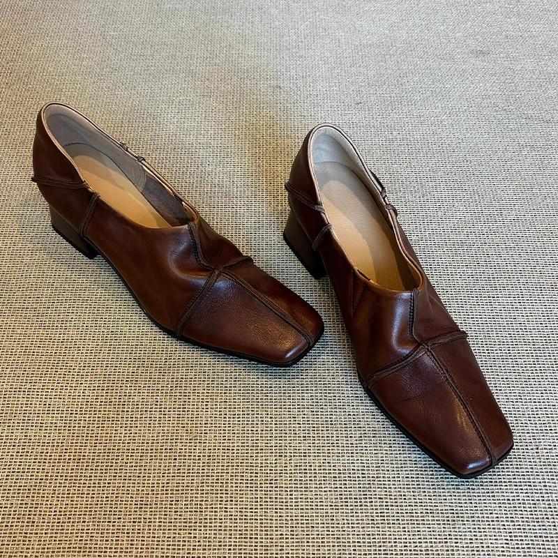 2026 Summer New Women's Loafers Shoe Square Toe Thick Heel Soft Sewing Design Retro Office Suit Shallow Ladies Single Shoes