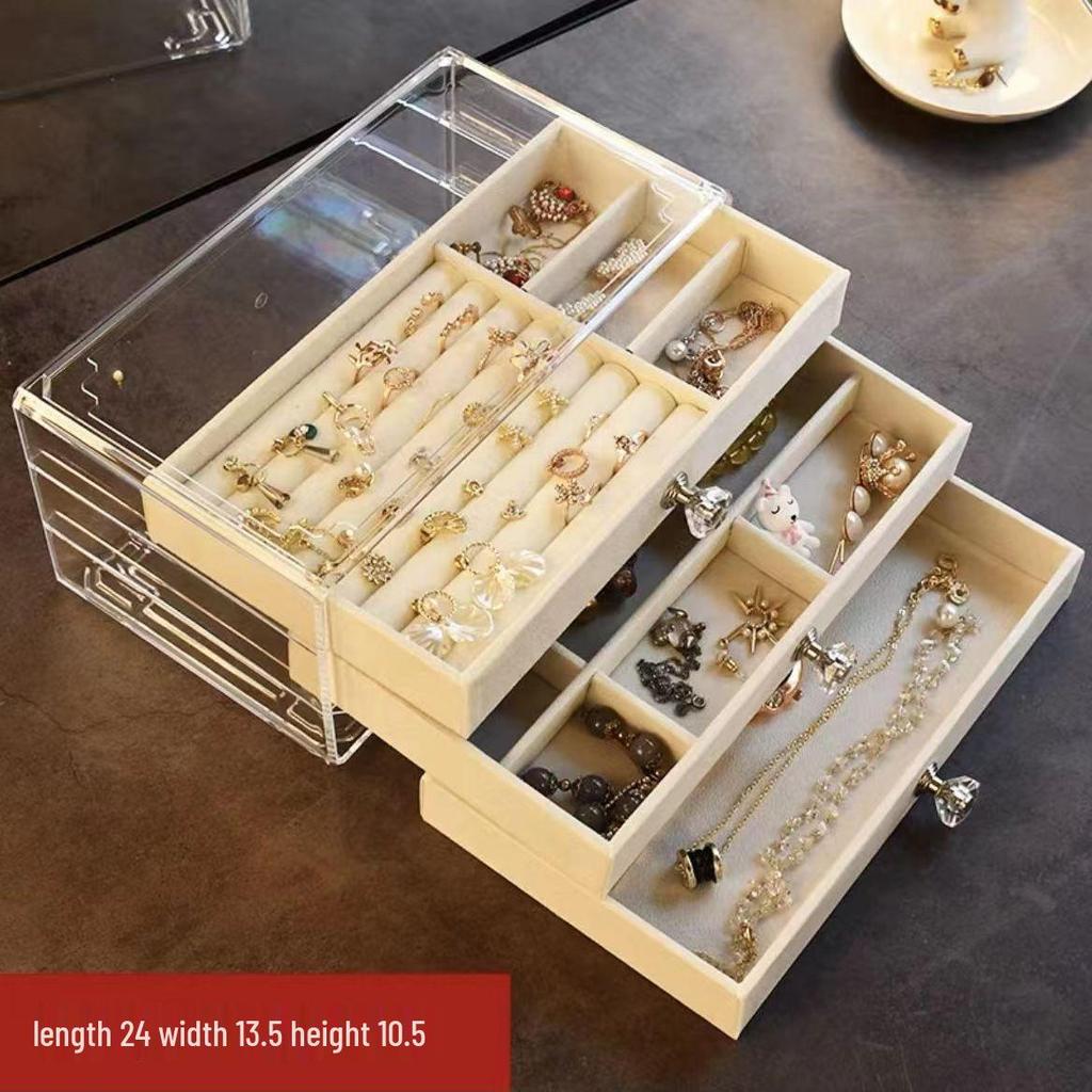 Three-Layer Velvet Jewelry Storage Box with Dustproof Acrylic Cover