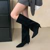 Black Khaki Pointed Toe Flock Knee-High Boots Fashion Thin Heels Low Heels Female Long Booties Solid Color Wide Tube Women Shoes
