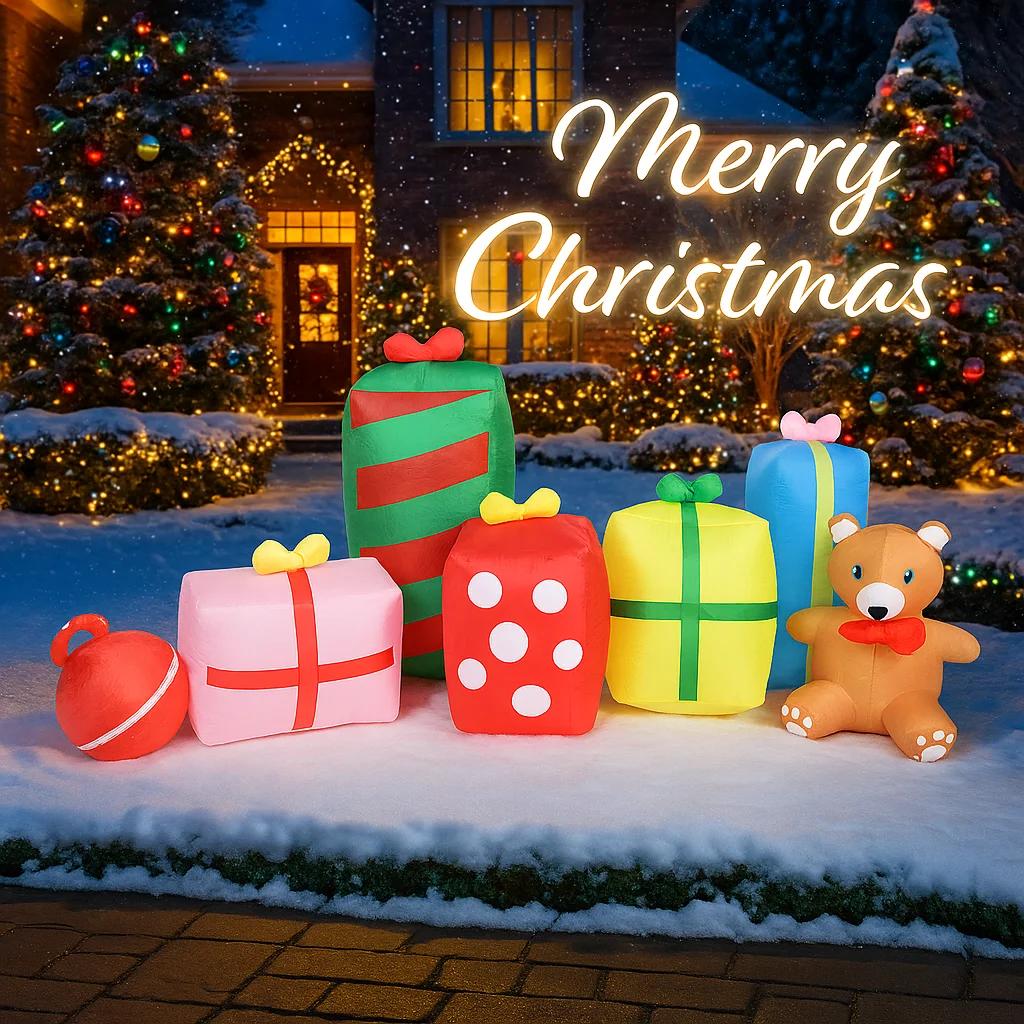 9.84FT Christmas Inflatable Toys Xmas Yard Lawn Party Decoration Gift Boxes Teddy Bear Home Supplies Ornament with LED Light