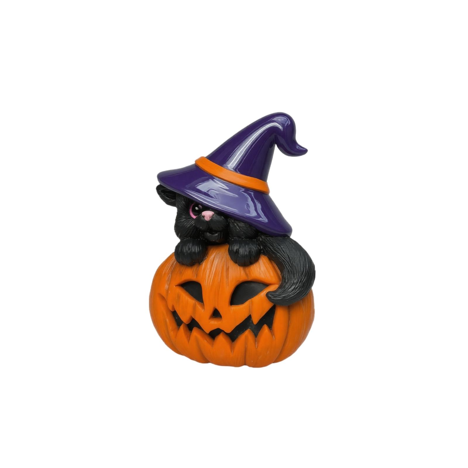 Handcrafted Halloween Decoration Black Cat Sitting on Pumpkin with Witch Hat Seasonal Holiday Tabletop Ornament for Indoor Display One Size
