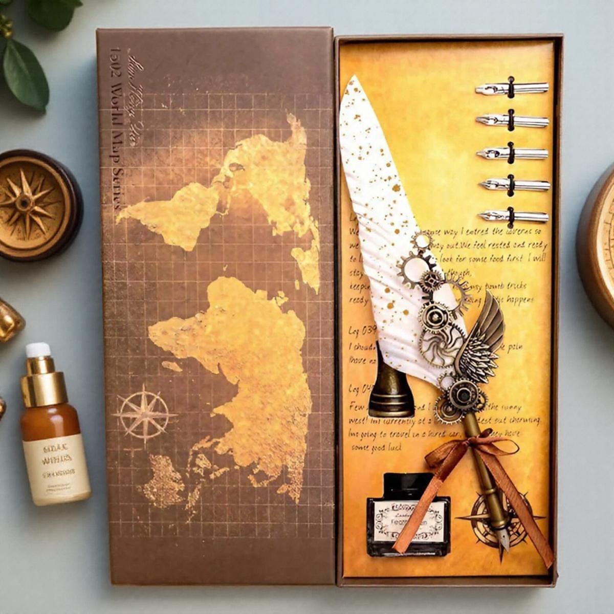 

Vintage Wing Design Dip Pen Set Classic Feather Calligraphy Art Signature Craft with 15ml Ink Bottle білий
