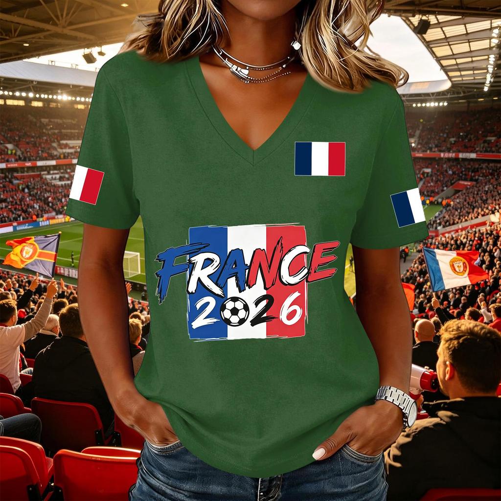 Women's Casual V Neck Pullover Top Short Sleeve Soccer Fan Shirt National Flag Print Support Tee for Outdoor Activities
