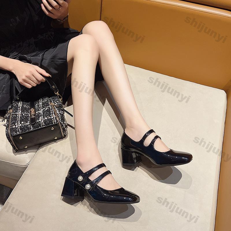 Fashion Women Chunky Heels Mary Jane Shoes Spring New Fashion Square Toe Double Ankle Strap Pumps Women Elegant Leather High Heels Shoes