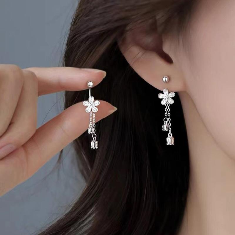 Real 925 Silver Flower Short Chain Tassel Stud Earrings For Women Classic Fine Jewelry Niche Light Accessories