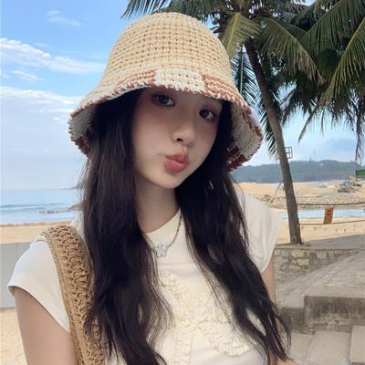 Hollow Breathable Straw Hat Women's Summer Travel Shading Sunscreen Foldable Bucket Hat Knitted Basin Hat Versatile Tide Hat