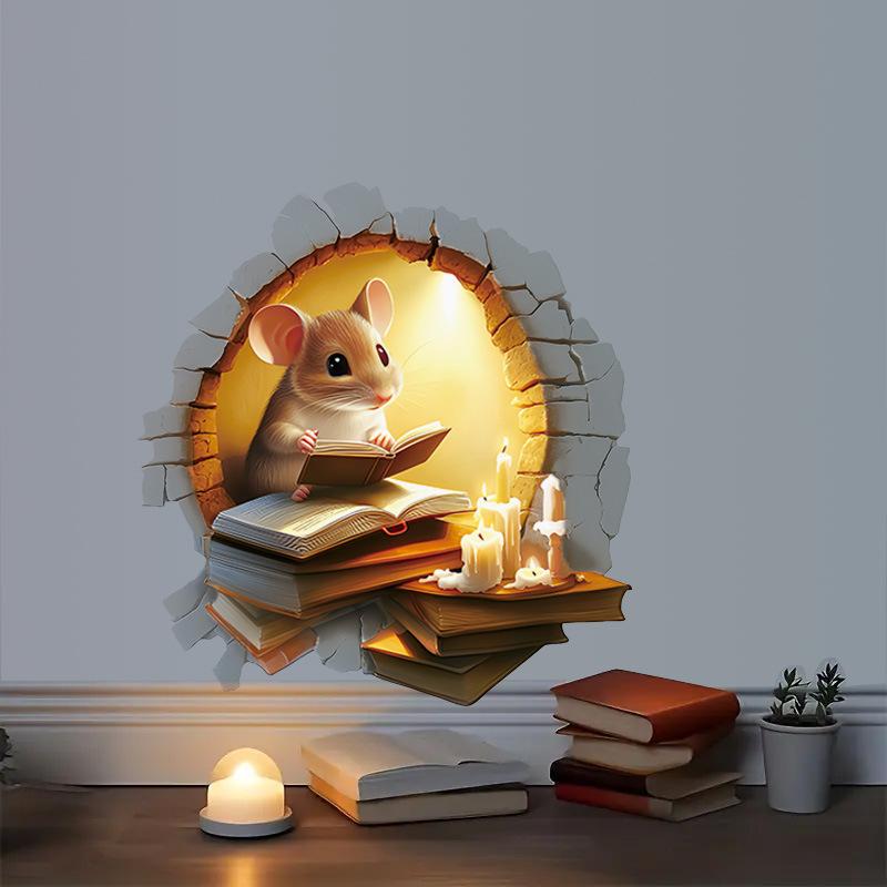 Cozy Cartoon Mouse Reading Book by Candlelight At Mouse Hole Toilet Wall Sticker Self-Adhesive Bathroom Home Decor Art Wholesale