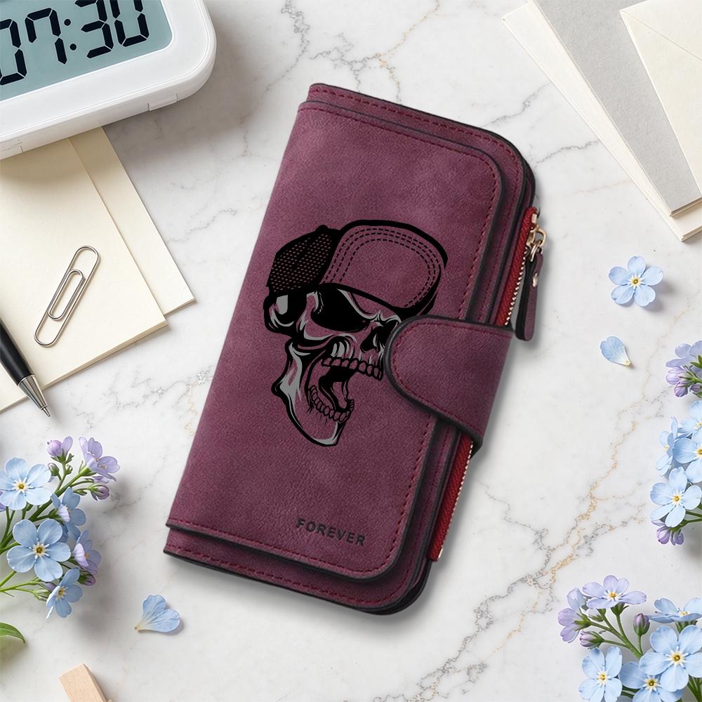 Skull Print Long Wallet Fashion Dark Style Multi Card Slot Portable Forever Purse