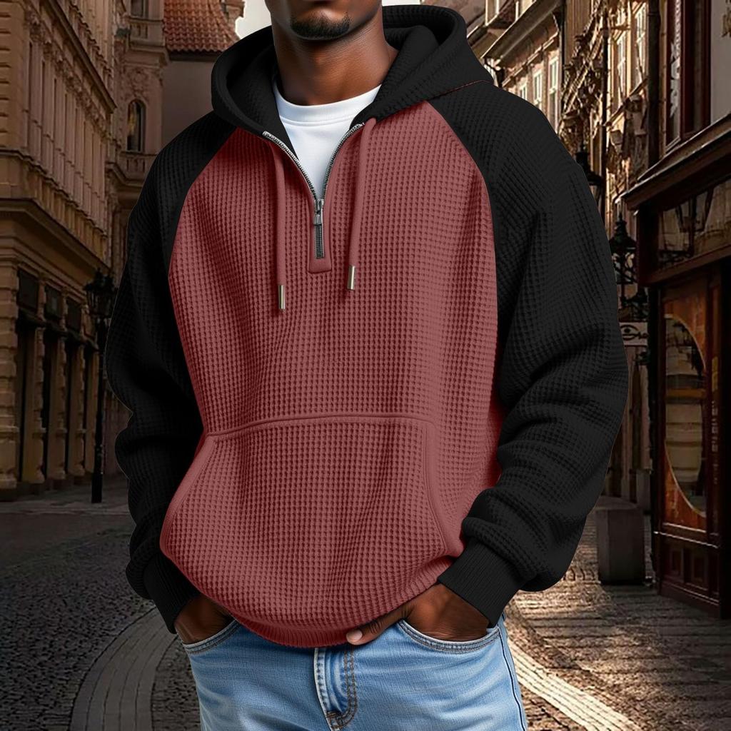 Mens Hoodies Pullover QuarterCasaul Long Sleeve Drawstring Knit Hooded Sweatshirt With Pocket