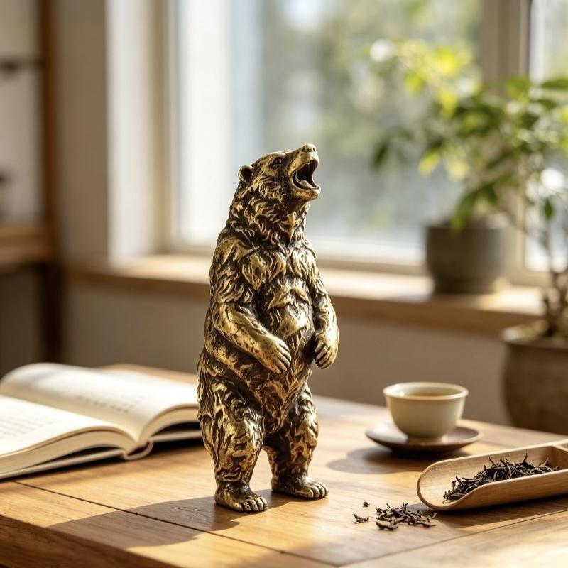 Vintage Hand Carved Brass Roaring Bear Figurine Art Decor Piece for Office Desk Home Living Room Shelf Decor