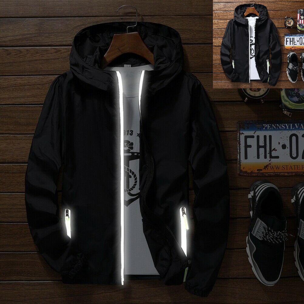 Luminous Windbreaker Mens Zipper Jacket Hoodie Light Sports Outwear Gym Coat