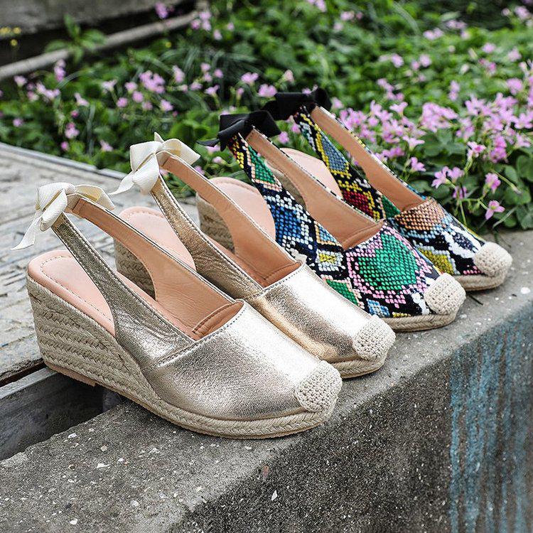 European & American Snakeskin Pattern Jute Wedge Women's Closed-Toe Backless Summer Sandals, Plus Size High Heel Shoes