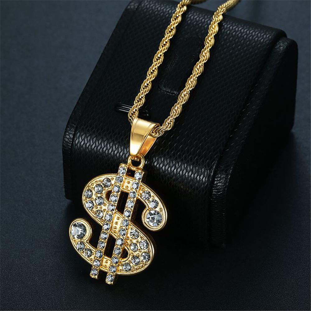 Hip Hop Iced Out Bling Dollar Sign Pendant Gold Color Stainless Steel Rapper Money Necklace For Men Women Hippie Jewelry Gift