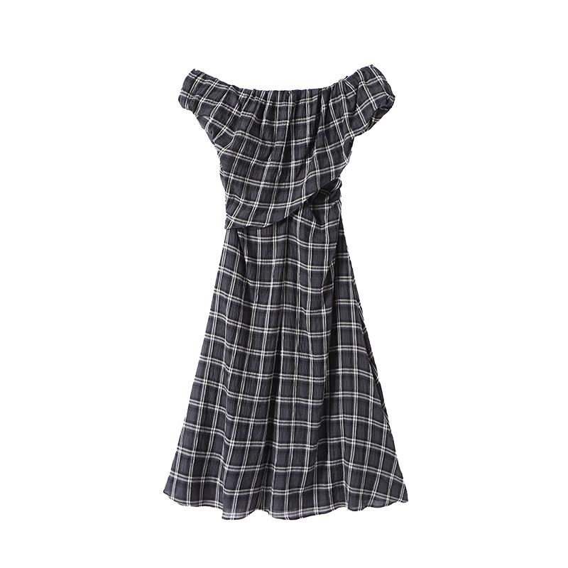 

GREEN BELT Blue-Black Plaid Off-Shoulder A-Line Long Dress M
