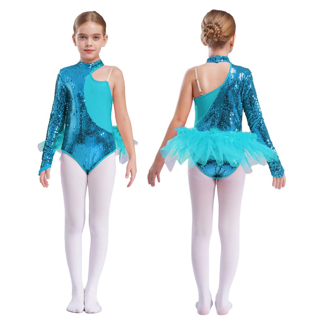 Kids Girls Sequins Tulle Skirted Leotard One Shoulder Long Sleeve Jumpsuit Dance Bodysuit Dancewear