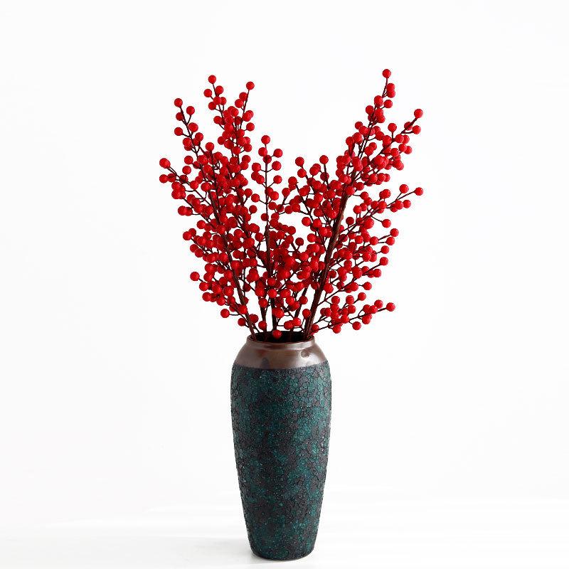 Red Holly Berry Faux Flower Fortune Bucket for New Year Home Decor