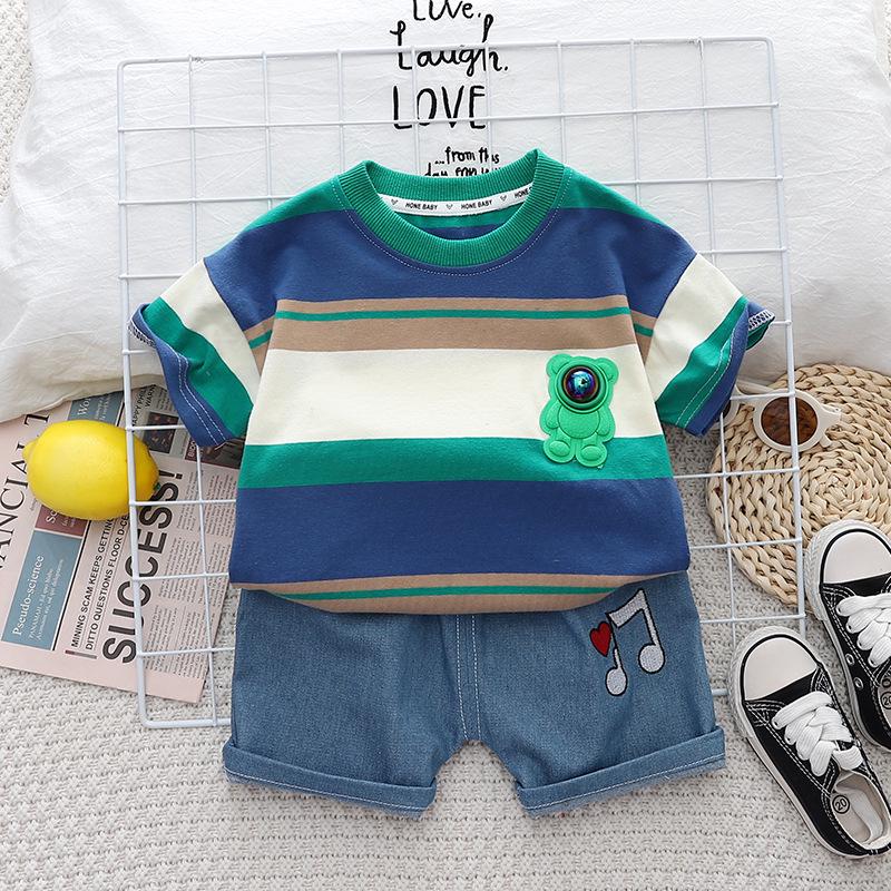 

Летний полосатый костюм-двойка для мальчиков 2023 года: Топ с коротким рукавом и шорты 100cm