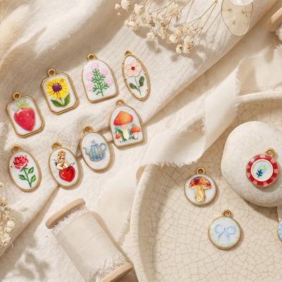 2 Stück Edelstahl-Charms 18K Gold Plated UV-bedruckte Rose Pilz Geometrische Anhänger Für DIY Halskette Schmuckzubehör