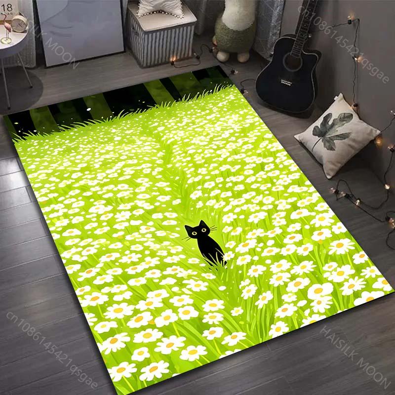 

1PC Black cat in flower field Pattern Rug Carpets for Bedroom Living Room Sofa Mat Creative Door Mat Cloakroom Home Decor 40x60cm