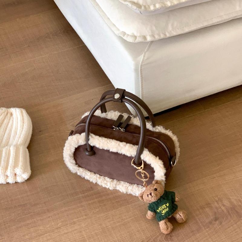 Autumn and winter retro suede bag portable bowling bag splicing niche lamb wool shoulder messenger bag women