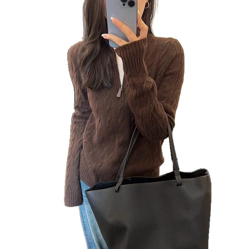 Korean Style Half-Zip Cable Knit Sweater for Women - Autumn/Winter 2024