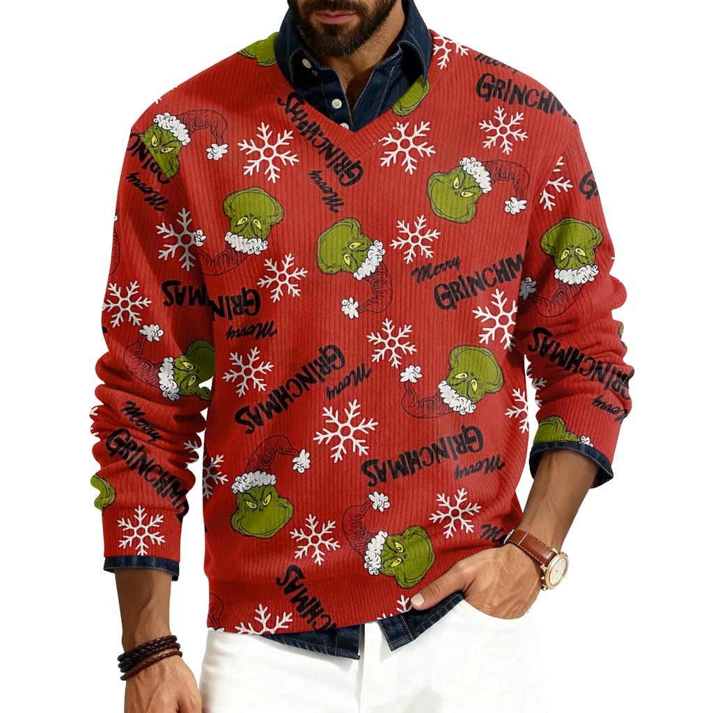 Men's V-neck Long Sleeve Ribbed Knit Pullover