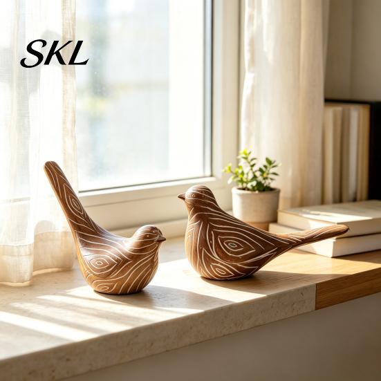 Unique Retro Bird Home Accessories Resin Ornaments, Wood Color Figurine, Handmade Carved Country Living Ornaments Decorative Statue for Farmhouse