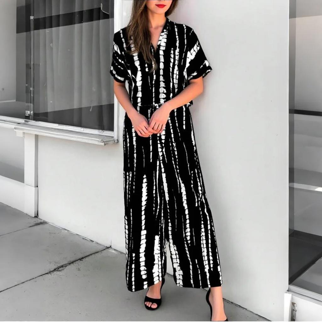 Women's Casual Resort V-Neck Top And Pants Fashion Print Two Piece Set