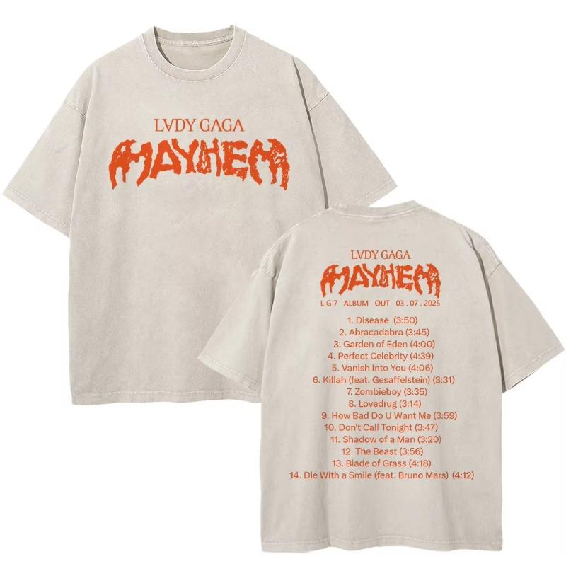 Vintage Washed Lady Gaga The Mayhem Ball Tour 2025 T Shirt Fashion Women Aesthetic High Quality Acid Wash 100% Cotton Tees