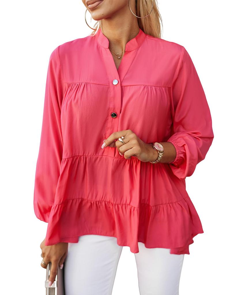 Azura Exchange Half Buttoned Ruffle Tiered Long Sleeve Blouse