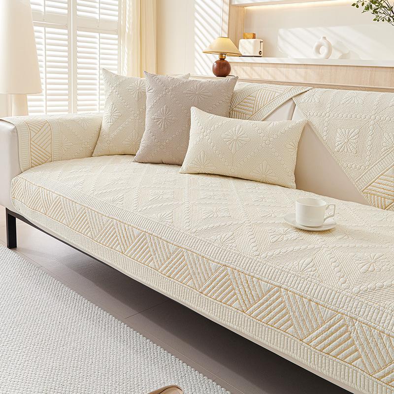 Four Season Universal Pure Cotton Sofa Cover Fabric Anti Slip Simple Nordic Sofa Cover Cream Style Straight Row Sofa Cover Towel