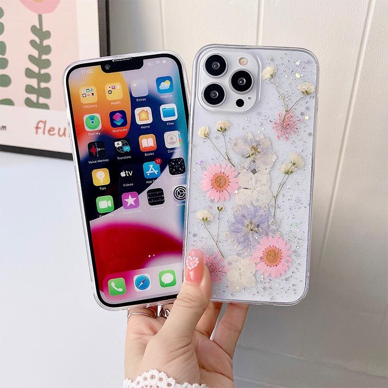 Custodia per cellulare con fiore in lamina d'oro per Apple 17 Promax Fiori veri per iPhone 16 Piccola e Fresca 15 Custodia Morbida