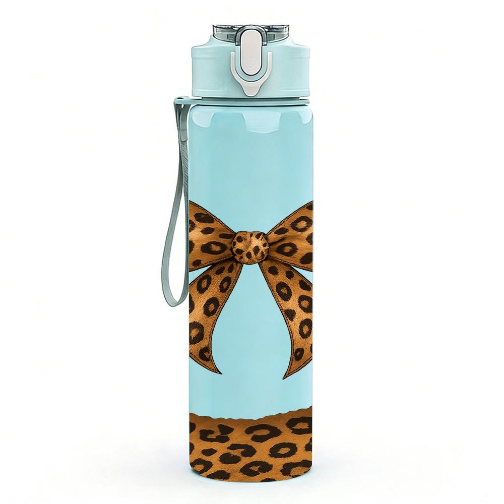 1PC Leopard Print Bow Knot Motif 750ml Color Plastic Sports Water Bottle Leakproof Flip Straw Lid For Sports Office Home Use