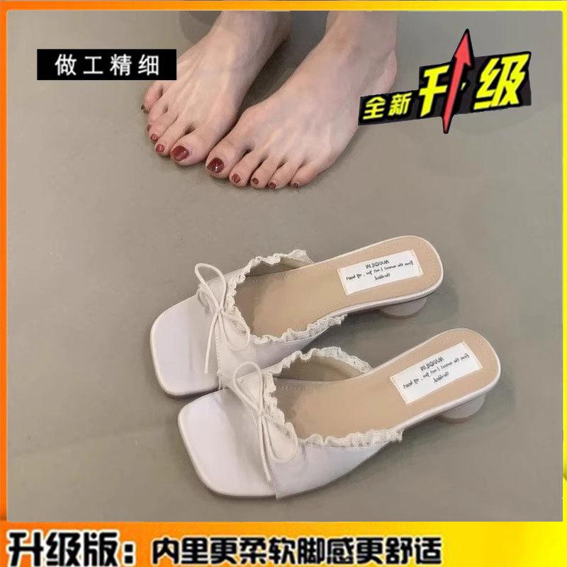 French bow square heel cool slippers women's outer wear 2025 summer new versatile temperament elegant thick heel one-word drag